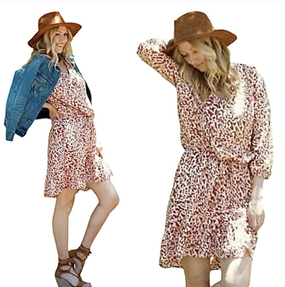CAbi Sienna Ruffle‎ Trim Dress #5406 Rust Leopard Abstract Print  Small